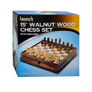 LAUNCH 15 INCH WALNUT WOOD CHESS SET WITH DRAWER