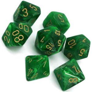 CHESSEX 27435 VORTEX POLYHEDRAL 7 DICE SET GREEN/GOLD