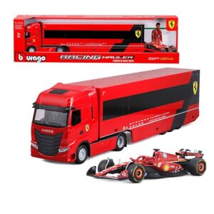 BBURAGO 1:43 RACING HAULER F1 FERRARI TRANSPORTER W/ 2024 SF-24 #16 LECLERC (#36867)