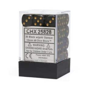 CHESSEX 25828 OPAQUE 12mm 36xD6 BLACK/GOLD