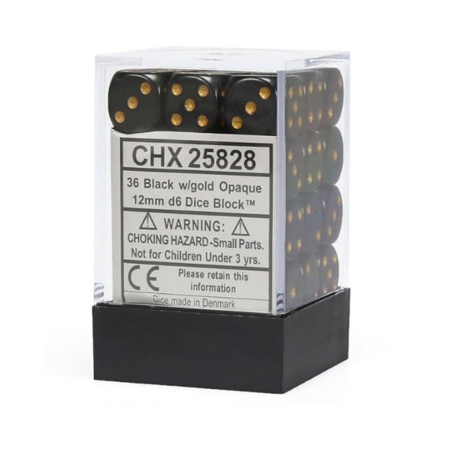 CHESSEX 25828 OPAQUE 12mm 36xD6 BLACK/GOLD