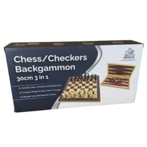 PUZZLE AND GAMES 30CM 3-IN-1 WOODEN CHESS/BACKGAMMON/CHECKERS